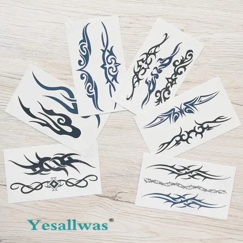 Miniatura 8 de Yesallwas 6 hojas de tatuajes falsos tribales pequeños tatuajes temporales azul negro tribal tatuaje tatuaje cuerpo adhesivo para hombres mujeres