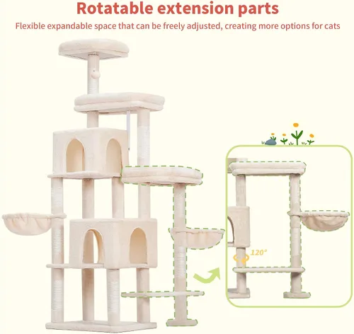 Miniatura 2 de Hey-brother - Árbol rascador para gatos con torre, postes rascadores con parte extendida, plataformas anchas, acogedores condominios, hamacas
