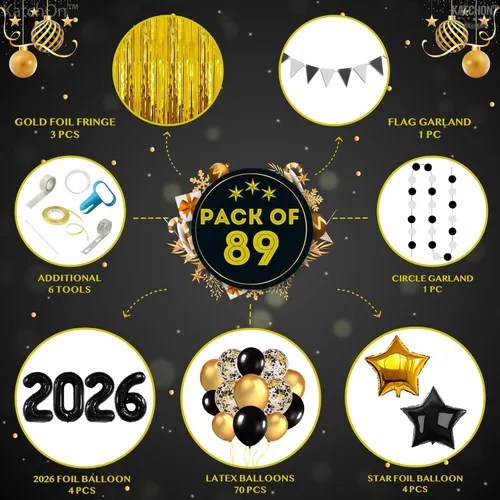 Miniatura 2 de KatchOn, Juego de decoraciones de Año Nuevo 2026, enorme, paquete de 85 Globo de estrellas negras y doradas, telón de fondo de cortina con flecos
