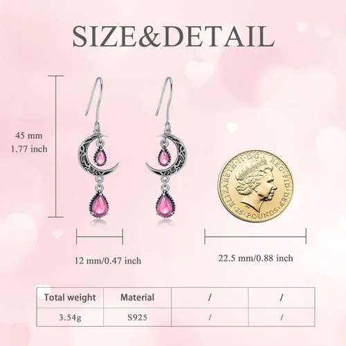 Miniatura 5 de Aretes de luna para mujer, plata de ley 925, aretes colgantes de luna celta, esmeralda, amatista, rubí, zafiro, rosa, peridoto, aguamarina, citrino