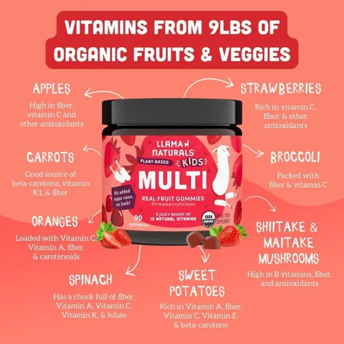 Miniatura 3 de Llama Naturals Gomitas multivitamínicas de fruta real Vitaminas integrales a base de alimentos para niños y mujeres Sin azúcar de caña añadida