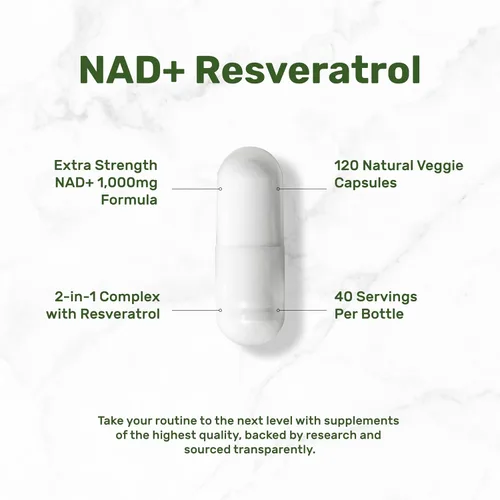 Miniatura 3 de Suplemento de resveratrol NAD+ de 1,000 mg por porción, 120 cápsulas vegetarianas Alternativa de suplemento NMN extra fuerte 2 en 1 Suplementos