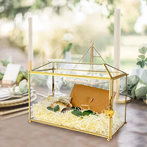 Miniatura 3 de Caja de tarjeta de cristal dorada de 12.6 pulgadas, caja grande para tarjetas de boda con cerradura y ranura para recepción, cajas decorativas