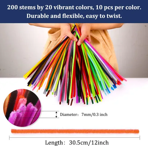 Miniatura 6 de Bundooraking 200 piezas de suministros de limpieza de tuberías, tallos de felpilla de 12 pulgadas en 20 colores, suaves y flexibles para artes