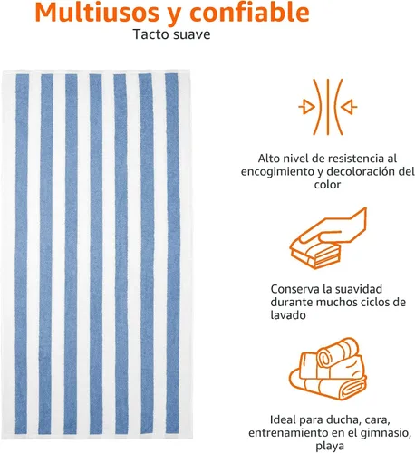 Miniatura 4 de Amazon Basics Soft & Absorbent Beach Towels, 100% Cotton, Cabana Stripe, Machine Washable, Quick Dry, Large 30" x 60", Sky Blue, 4-Pack