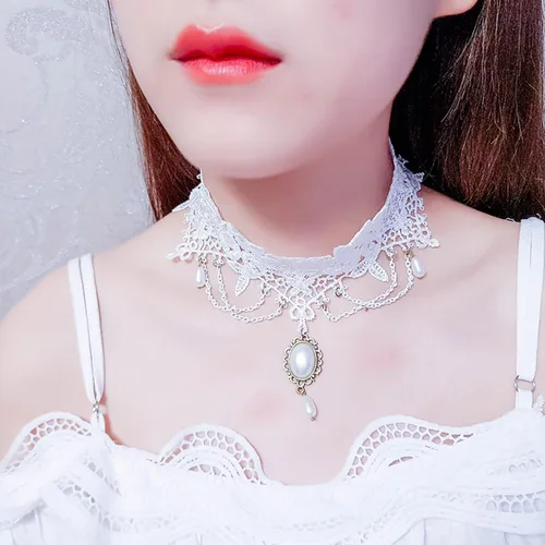 Miniatura 5 de YienDoo Gargantilla de encaje vintage con patrón de encaje gótico blanco, collar punk con borla y cuentas de perlas, gargantilla de princesa