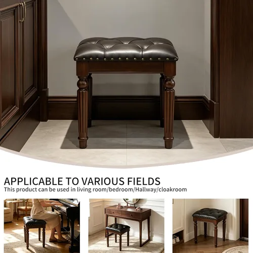 Miniatura 8 de Taburete de tocador blanco con asiento de cuero copetudo y patas de madera maciza talladas, banco de tocador de fácil montaje, taburete