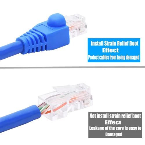 Miniatura 4 de Conectores de paso RJ45 Cat6, extremos 8P8C chapados en oro y botas de alivio de tensión azules para conector de cable de red Ethernet CAT6 RJ45