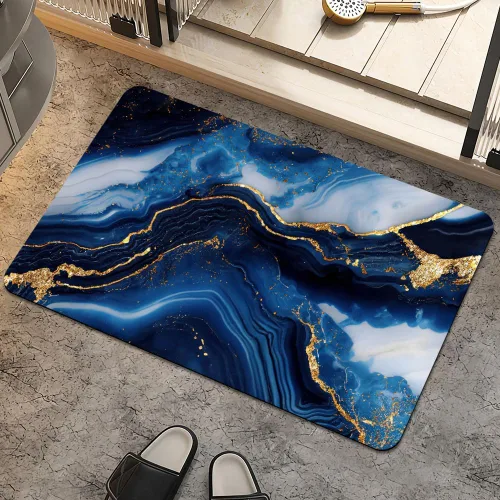Miniatura 15 de Alfombra de baño, diseño abstracto de mármol azul y dorado, antideslizante, de secado rápido, súper absorbente, delgada, para debajo de la puerta