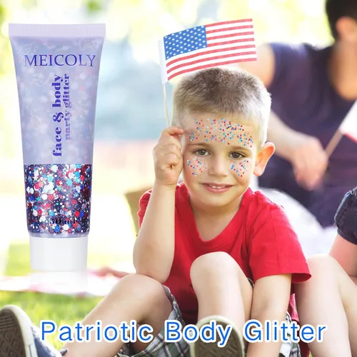 Miniatura 4 de MEICOLY Purpurina corporal roja, blanca y azul, accesorios del 4 de julio, purpurina para el cabello para niños, atuendos del 4 de julio