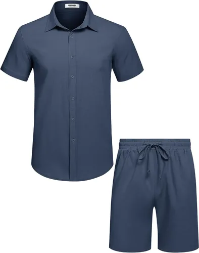 Miniatura 28 de COOFANDY Conjunto de 2 piezas de algodón y lino para hombre, camisas de manga corta con botones, pantalones cortos de playa de verano, trajes