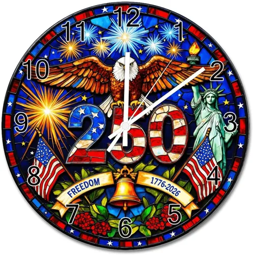 Miniatura 44 de ArogGeld God Bless America USA 250th Anniversary Clock 250 Years of Freedom 1776-2026 Wooden Wall Clocks Battery Operated 10 Inch Men Cave Home