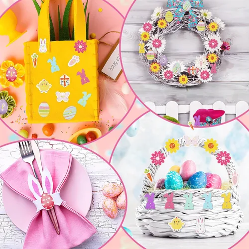 Miniatura 4 de JUNEBRUSHS 260 Botones de Madera de Pascua de 2 Agujeros Flores Mariposas Cruces Pollitos Zanahorias Conejo Botones de Costura de Madera para Rosa