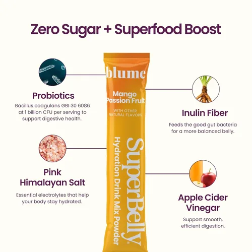 Miniatura 4 de Blume SuperBelly - Salud intestinal + hidratación, probióticos diarios sin azúcar, fibra prebiótica y electrolitos en polvo para apoyo a