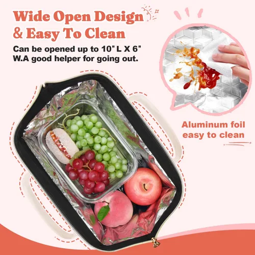 Miniatura 2 de Bolsa de almuerzo aislada para mujer, bolsa de almuerzo de apertura amplia, soporte grande para bebidas, organizador térmico de nailon duradero