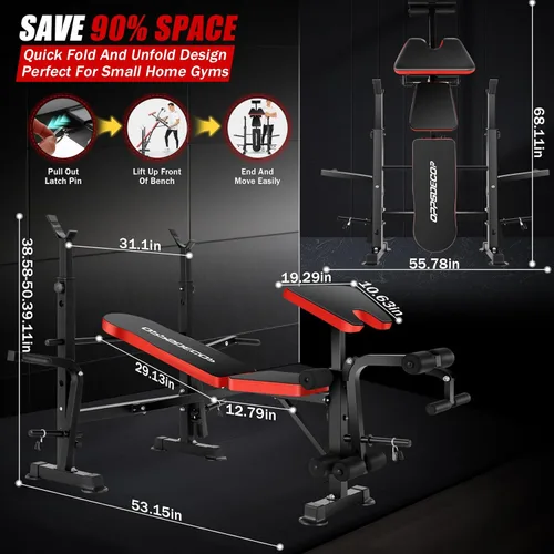 Miniatura 4 de OPPSDECOR 6 in 1 900LBS Weight Bench with Leg Extension and Leg Curl, Foldable Bench Press Set and Squat Barbell Rack with Preacher Curl, Adjustable