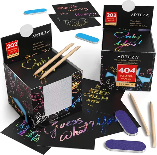 ARTEZA Juego de papel para rascar, 404 notas para rascar, 3.5 x 3.5 pulgadas, 200 temas de arco iris, 200 holográficos