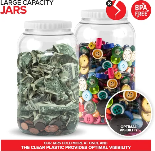 Miniatura 3 de Stock Your Home Tarros de plástico transparente de 1 galón con tapas (paquete de 2) tarro grande de boca ancha de 128 onzas con tapa, recipiente