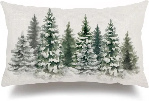 Fundas de almohada de árboles de Navidad de 12 x 20 pulgadas, funda de almohada lumbar verde para decoración de Navidad, acuarela, funda de almohada