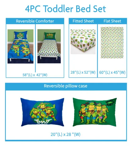 Miniatura 2 de TEENAGE MUTANT NINJA Turtles - Juego de ropa de cama infantil de 4 piezas, incluye edredón, juego de sábanas, sábana bajera, sábana superior + funda