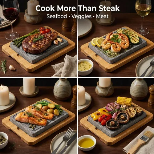 Miniatura 5 de Artestia Piedra de lava para bistec con 2 piedras, piedras para asar de mesa Hot Rock para Wagyu con bandeja de bambú, mini piedras para asar pizza