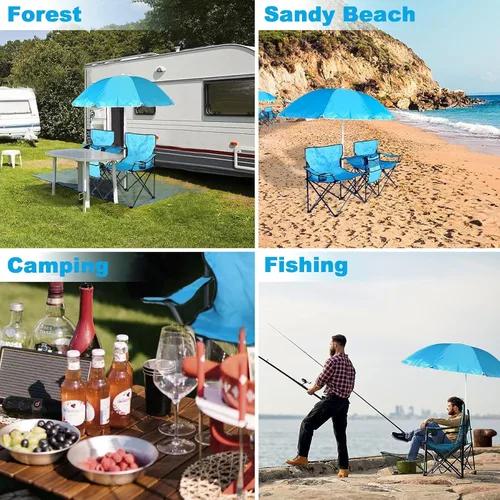 Miniatura 7 de Silla de picnic portátil doble, silla de campamento plegable con mesa para paraguas, soporte para bebidas, bolsa de transporte, mesa plegable