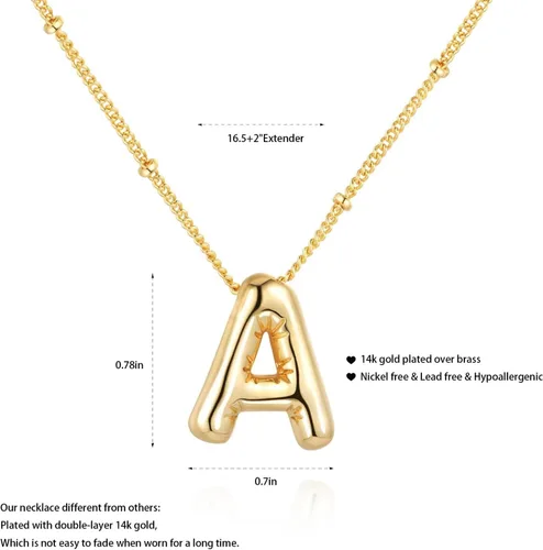 Miniatura 6 de Qyalie Collar de letras de burbujas, collares con inicial de globo para mujeres y niñas, delicado dije del alfabeto, chapado en oro de 14 quilates