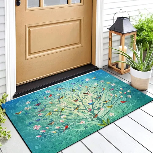 Miniatura 2 de Arttown Tapete para puerta de pájaros, 17 x 30 pulgadas, diseño de pájaros coloridos y árbol azul, tapete decorativo para el hogar, parte trasera