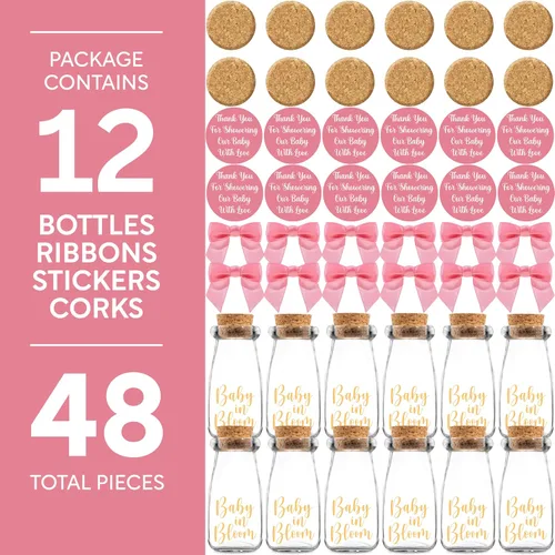 Miniatura 6 de Ethisa Vintage Paquete de 12 Botellas de Vidrio de Leche Baby in Bloom con Cintas y Calcomanías - Elegantes Regalos de Baby Shower para Invitados