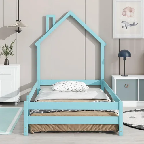 Cama de madera de tamaño individual con cabecera en forma de casa con vallas, altura baja al suelo, para dormitorio de niños y niñas (azul claro-01)