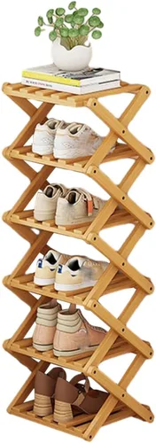 Miniatura 7 de YYW Zapatero de bambú para entrada, organizador vertical de almacenamiento de zapatos plegable y sin instalación, estantes para zapatos, estante