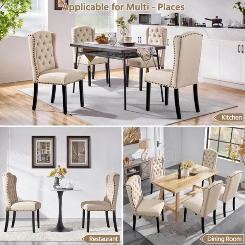 Miniatura 5 de Yaheetech Juego de 2 sillas de comedor tapizadas con botones copetudos con patas de madera maciza y adornos de cabeza de clavo para comedor, sala