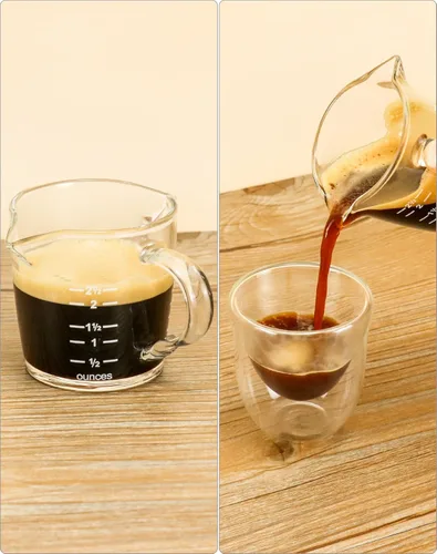 Miniatura 4 de QWORK Vaso de chupito de café expreso con asa, paquete de 4 vasos medidores de vidrio de doble boquilla de 3 onzas, taza de leche triple con dos