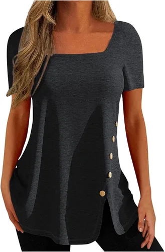 Camisetas de verano para mujer 2023, casuales, de color sólido, manga corta, con botones, cuello redondo, sueltas, camisetas interiores