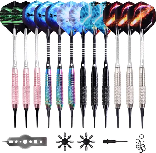 Miniatura 17 de WIN.MAX Darts Plastic Tip - Soft Tip Darts Set - 12 Pcs 18 Gram with 100 Extra Dart Tips 12 Flights Flight Protectors and Wrench for Electronic Dart