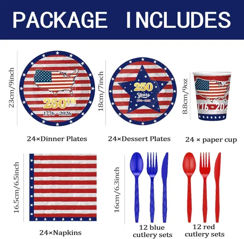 Miniatura 2 de 168 piezas de suministros para fiesta del Día de la Independencia del 4 de julio, platos y servilletas, tazas, cuchillo y tenedor para 250