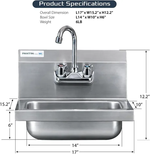 Miniatura 3 de Pantin Fregadero de mano comercial, fregadero de mano comercial de acero inoxidable para montaje en pared, fregadero de lavado de manos con grifo