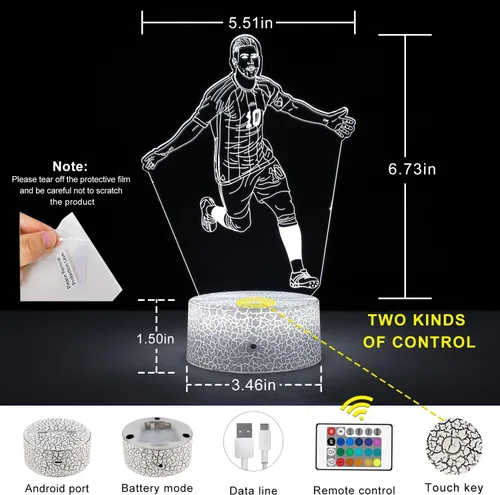 Miniatura 5 de Jugador de Fútbol Argentino #10 Lámpara 3D de Ilusión para Niños, con Control Remoto y Toque Inteligente, Lámpara Regulable, para Decoración