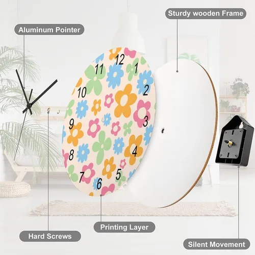 Miniatura 7 de Reloj de Pared de Flores Silencioso Sin Tictac Operado por Batería, Caricatura de los 70s Linda Flor Abstracta Pastel Margarita Reloj Floral
