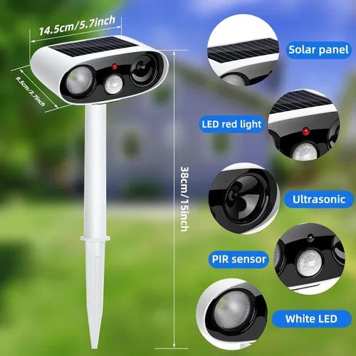 Miniatura 7 de Repelente solar ultrasónico de animales para exteriores, dispositivos repelentes de ciervos y gatos, paquete de 2 unidades, repelente ultrasónico
