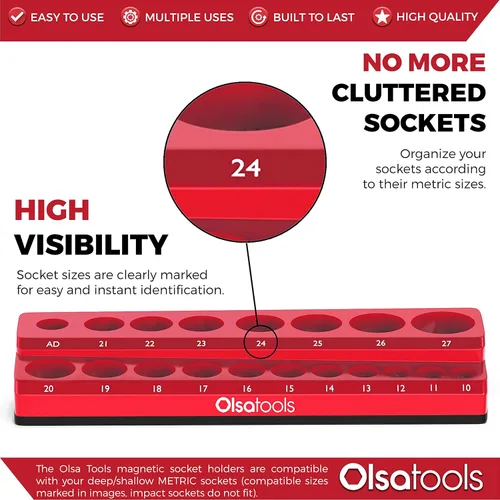 Miniatura 2 de Olsa Tools Portadados magnético, para dados métricos con cuadros de mando de 1/2 pulgada, color rojo, caben 19 dados, organizador de herramientas