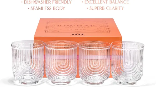 Miniatura 6 de GLASSIQUE CADEAU Vasos de cóctel vintage Art Deco Lowball Gatsby Juego de 4 vasos dobles antiguos de 13 onzas para beber whisky clásico, ginebra
