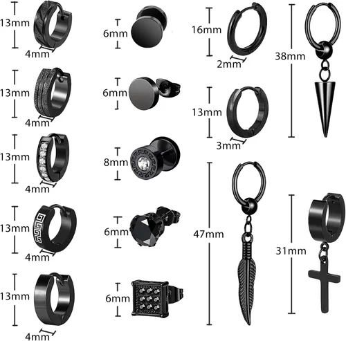 Miniatura 4 de KWUNCCI Aretes para hombre, 15 pares de aretes de aro de acero inoxidable quirúrgico, aretes negros para hombres y mujeres, juego de aretes de aro
