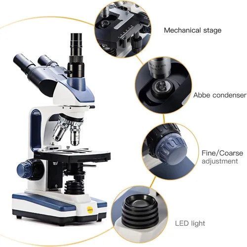 Miniatura 2 de SWIFT Microscopio compuesto trinocular SW350T, aumento 40X-2500X, cabeza de Siedentopf, grado de investigación, etapa mecánica de dos capas, cámara