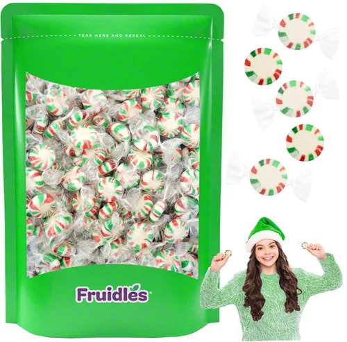 Fruidles - Estrellas de remolino navideñas, caramelos duros de menta verde, roja y blanca, Kosher Parve, envueltos individualmente (media libra)