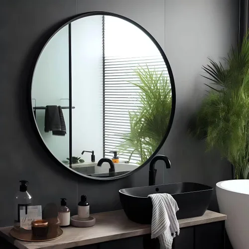 Miniatura 7 de USHOWER Espejo redondo negro para sobre el fregadero de 24 pulgadas, espejo de baño circular, espejo de tocador con marco de metal, espejo de pared
