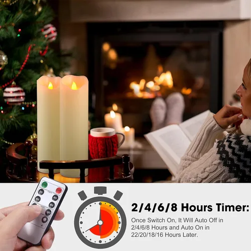 Miniatura 5 de PChero Velas parpadeantes sin llama de 10 x 3 pulgadas con control remoto y temporizadores, velas LED de cera real que funcionan con pilas, juego