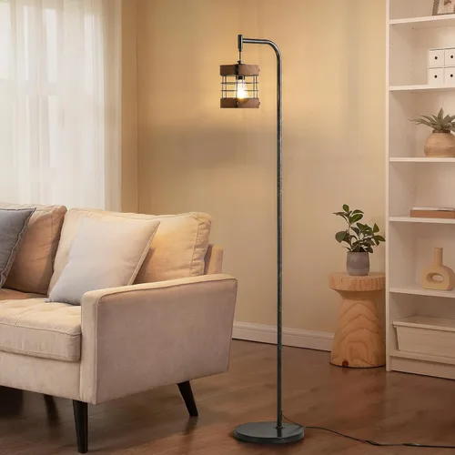 Miniatura 7 de Lámpara de pie industrial de 67 pulgadas con pantalla de madera y metal negro, lámpara de pie moderna, lámpara alta rústica estilo granja para sala