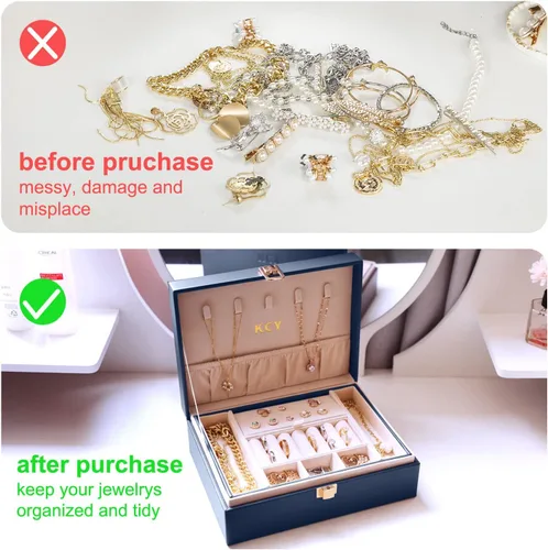 Miniatura 6 de KCY Organizador de joyas para mujeres y niñas estuche grande de cuero sintético con soporte de exhibición de 2 capas y bandeja extraíble para aretes