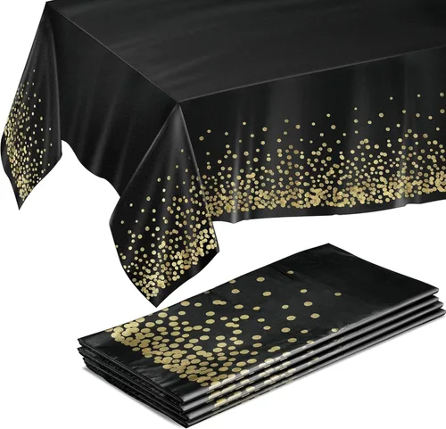 Prestee Paquete de 4 manteles rectangulares dorados y negros de 54 x 108 pulgadas, manteles de plástico desechables para fiestas, comedor y eventos,